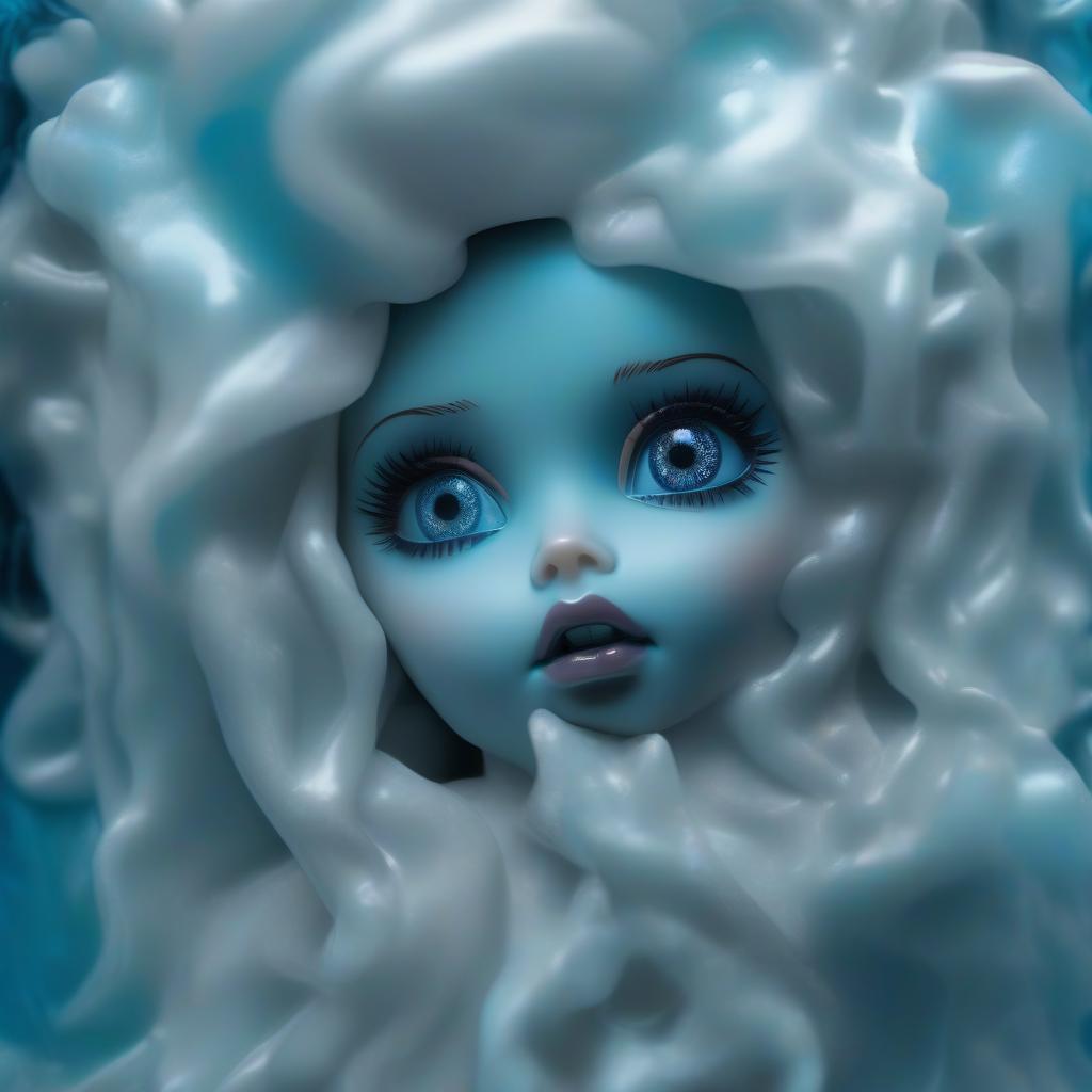  Porcelain doll looks at itself in the mirror with large blue eyes. Mercury oozes from the doll's eye. Hair is pewter colored and neatly knotted. There are fat lips only the doll and its reflection are in the picture. Naked doll suspended from ice, thin. In response: A porcelain doll is looking at itself in the mirror with big blue eyes. Mercury is dripping from its eye. The hair is pewter colored and neatly tied. There are plump lips only the doll and its reflection can be seen in the picture. The doll is naked and suspended from ice. It is thin. hyperrealistic, full body, detailed clothing, highly detailed, cinematic lighting, stunningly beautiful, intricate, sharp focus, f/1. 8, 85mm, (centered image composition), (professionally color graded), ((bright soft diffused light)), volumetric fog, trending on instagram, trending on tumblr, HDR 4K, 8K