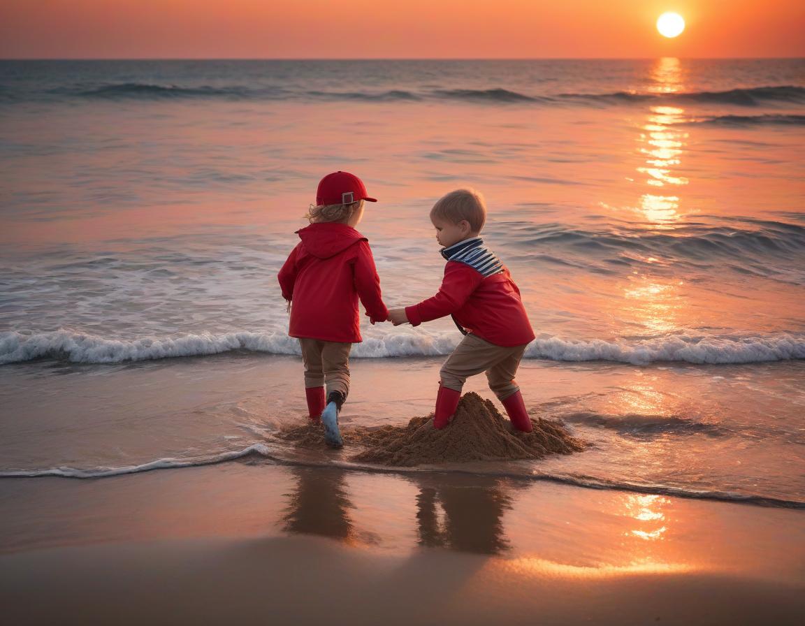  nautical themed Small children run on the water and build sandcastles on the shore of the sea, beautiful red sunset. . sea, ocean, ships, maritime, beach, marine life, highly detailed hyperrealistic, full body, detailed clothing, highly detailed, cinematic lighting, stunningly beautiful, intricate, sharp focus, f/1. 8, 85mm, (centered image composition), (professionally color graded), ((bright soft diffused light)), volumetric fog, trending on instagram, trending on tumblr, HDR 4K, 8K