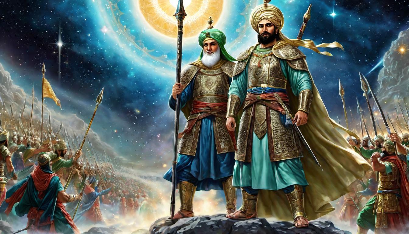  digital painting of Imam Mahdi and Prophet Isa, back to back, commanding presence amidst a throng of celestial warriors, determined faces set against the cosmos, armor reflecting the light of truth, beacon of unity, leadership embodied, destined victory, divine alignment looking at viewer, dynamic pose, (intricate details, masterpiece, best quality)