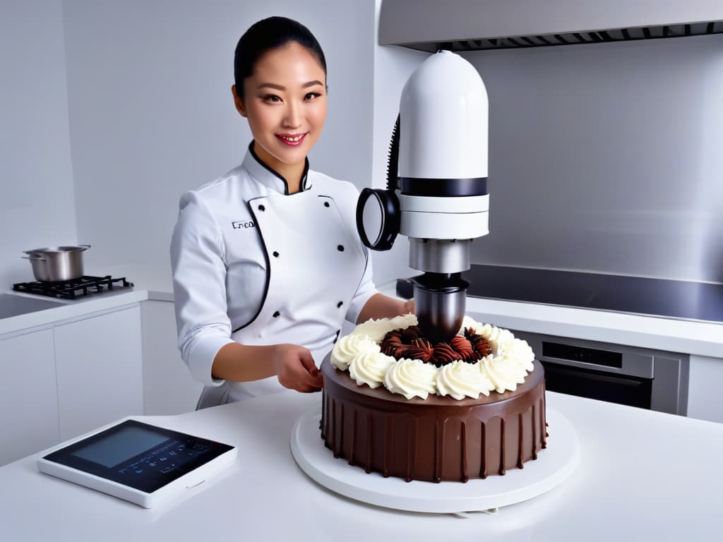  A detailed, ultraHD image of a sleek, modern multifunctional kitchen robot elegantly whipping up a decadent chocolate cake batter in a pristine white kitchen setting. The robot is adorned with shiny silver accents and a digital display, exuding a sense of efficiency and sophistication. The soft, ambient lighting highlights the seamless design and advanced features of the appliance, evoking a blend of precision and creativity in the art of pastry making. hyperrealistic, full body, detailed clothing, highly detailed, cinematic lighting, stunningly beautiful, intricate, sharp focus, f/1. 8, 85mm, (centered image composition), (professionally color graded), ((bright soft diffused light)), volumetric fog, trending on instagram, trending on tumblr, HDR 4K, 8K