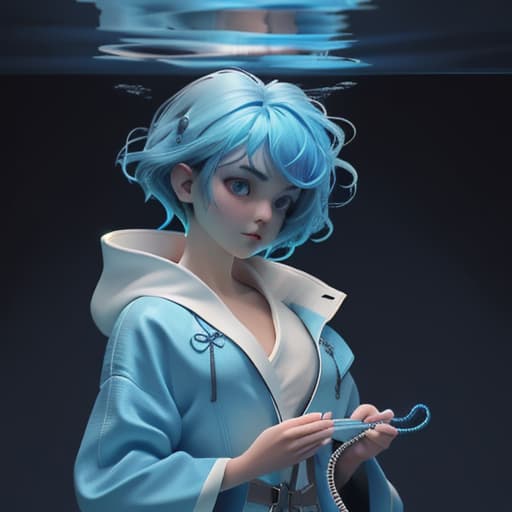  A girl under water with short blue hair no reaciton wiring a robe without anything else