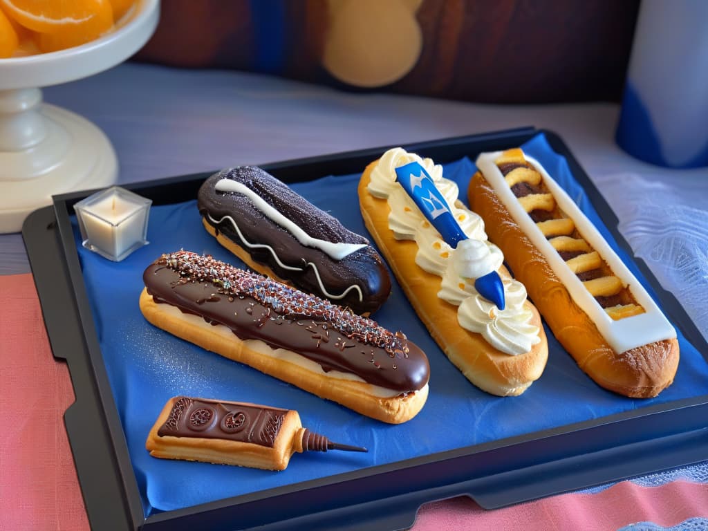  An ultradetailed image of a tray of freshly baked eclairs, each meticulously decorated to represent iconic symbols and characters from the Doctor Who series. The eclairs are arranged in a visually pleasing pattern, showcasing intricate details such as a TARDIS design, Dalekinspired decorations, and sonic screwdriver embellishments. The pastries glisten enticingly under a soft light, highlighting the precision and creativity involved in their preparation. hyperrealistic, full body, detailed clothing, highly detailed, cinematic lighting, stunningly beautiful, intricate, sharp focus, f/1. 8, 85mm, (centered image composition), (professionally color graded), ((bright soft diffused light)), volumetric fog, trending on instagram, trending on tumblr, HDR 4K, 8K