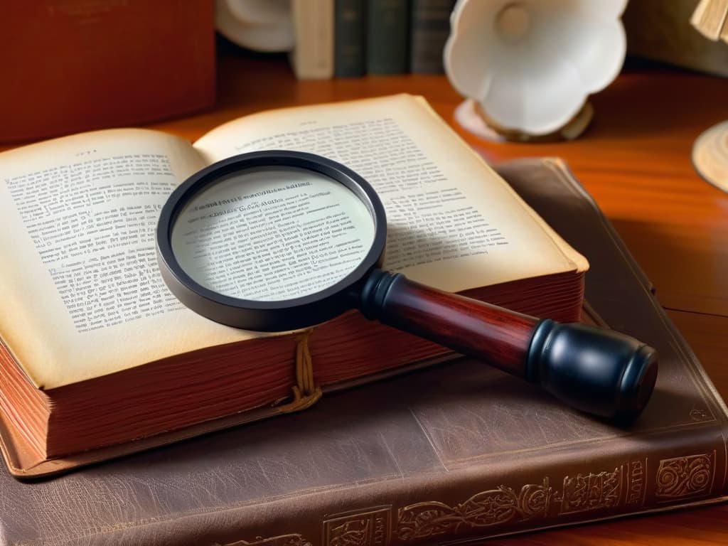  An ultradetailed closeup image of a sleek black magnifying glass resting on a textured, aged leatherbound book. The magnifying glass reflects a soft light, highlighting intricate details of its handle and lens, while the book's weathered pages show faint handwritten notes, adding an air of mystery and sophistication to the scene. hyperrealistic, full body, detailed clothing, highly detailed, cinematic lighting, stunningly beautiful, intricate, sharp focus, f/1. 8, 85mm, (centered image composition), (professionally color graded), ((bright soft diffused light)), volumetric fog, trending on instagram, trending on tumblr, HDR 4K, 8K