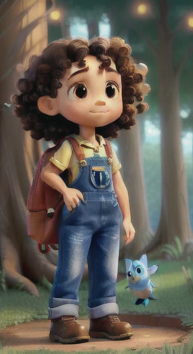  {The tree shining brightly and releasing a gentle, magical light., Riley, a curious with big brown eyes and curly hair, wearing overalls and carrying a small backpack. Their friend, Skye, a bluebird with shiny feathers.