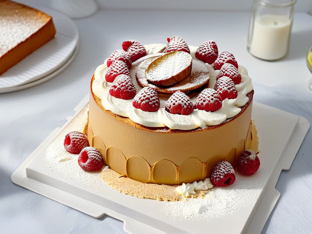  A stunning closeup of a perfectly golden glutenfree almond flour cake, sprinkled with powdered sugar and garnished with fresh raspberries on a sleek, white marble serving platter. The cake's texture is crumbfree and moist, with a subtle almond aroma emanating from its perfectly risen layers. The raspberries glisten with freshness, adding a pop of vibrant color against the neutral backdrop, creating a visually striking and enticing image that speaks to the elegance and deliciousness of glutenfree baking. hyperrealistic, full body, detailed clothing, highly detailed, cinematic lighting, stunningly beautiful, intricate, sharp focus, f/1. 8, 85mm, (centered image composition), (professionally color graded), ((bright soft diffused light)), volumetric fog, trending on instagram, trending on tumblr, HDR 4K, 8K