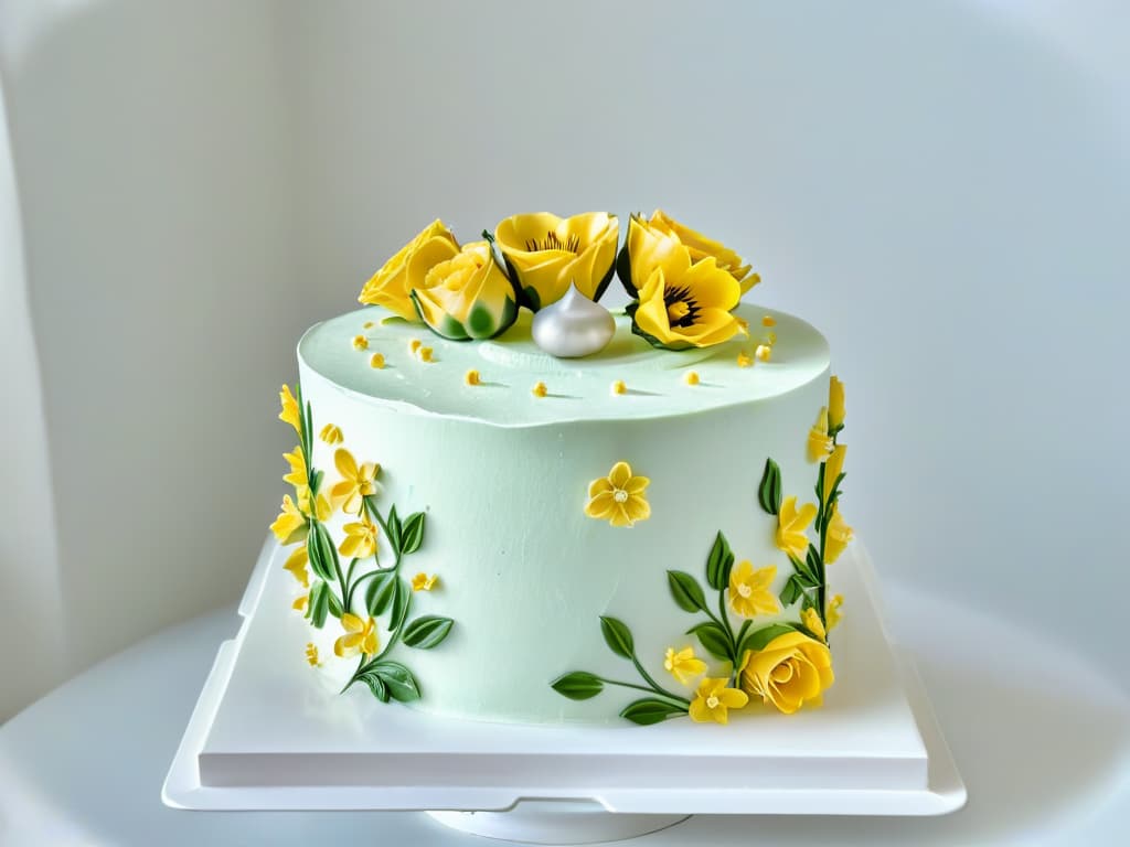  A highresolution image of a beautifully decorated vegan gourmet cake, showcasing intricate details such as delicate sugar flowers, elegant piping work, and a flawless smooth finish. The cake is presented on a simple, elegant white cake stand, set against a clean, minimalist background to highlight the craftsmanship and artistry of the dessert. hyperrealistic, full body, detailed clothing, highly detailed, cinematic lighting, stunningly beautiful, intricate, sharp focus, f/1. 8, 85mm, (centered image composition), (professionally color graded), ((bright soft diffused light)), volumetric fog, trending on instagram, trending on tumblr, HDR 4K, 8K