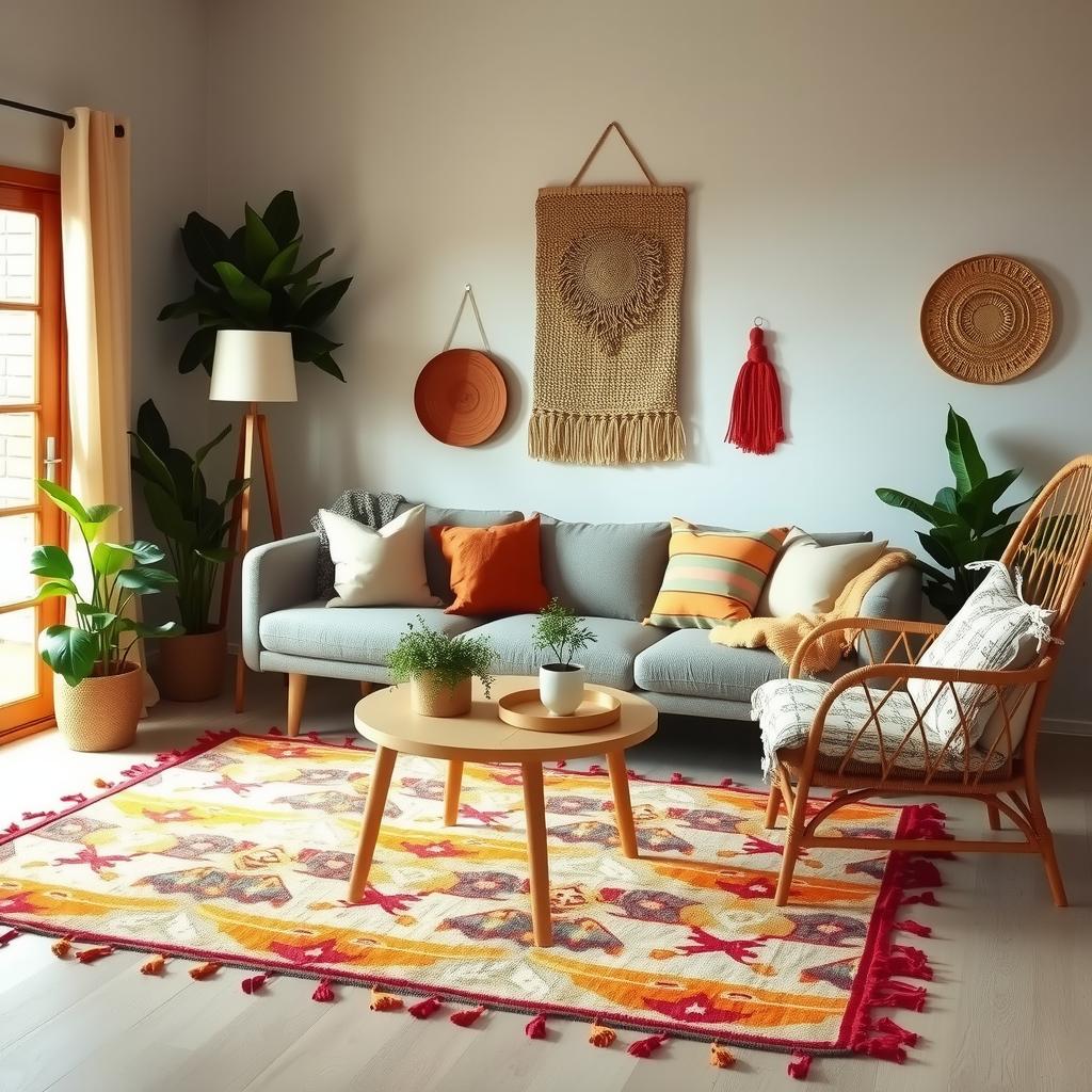  warm and inviting boho living room featuring layered textures with a plush multi colored area rug, tassel embellished throw pillows on a comfortable sofa, woven wall hangings, and a mix of wooden and rattan furniture. emphasize a cozy atmosphere with warm lighting and an assortment of indoor plants.,