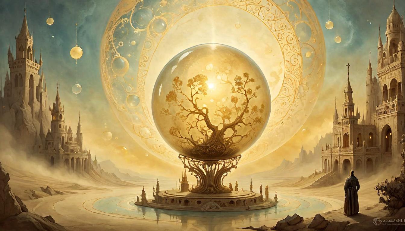  on parchment, surrealism+++, A glowing protective bubble, intricate patterns on its surface, filled with soft, golden light, safeguarding, serene(mysterious, provocative, symbolic,muted color)+++