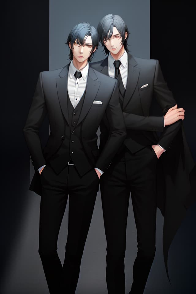  Black hair, black suit, handsome, duo, true face, real