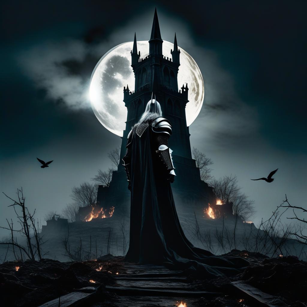  dystopian style Scene, close up view, bird's eye perspective, a black gothic tower with a balcony is standing in the lower right corner. On the balcony stands a in a white dress, with hair and bare feet. From the top left corner, riding on the dark burnt black field towards the tower is a knight in black armor. It all takes place at night, under a full moon. The frame should include the knight in black armor. . bleak, post apocalyptic, somber, dramatic, highly detailed hyperrealistic, full body, detailed clothing, highly detailed, cinematic lighting, stunningly beautiful, intricate, sharp focus, f/1. 8, 85mm, (centered image composition), (professionally color graded), ((bright soft diffused light)), volumetric fog, trending on instagram, trending on tumblr, HDR 4K, 8K