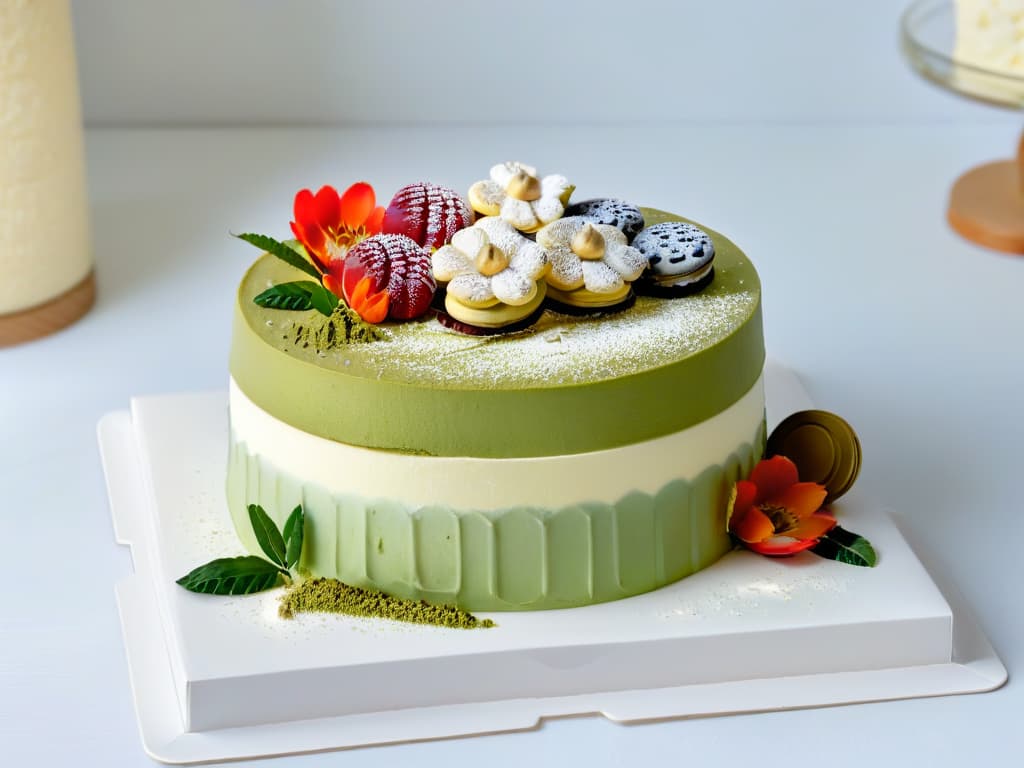  An intricately designed threetiered cake showcasing a fusion of global pastry techniques, with layers representing different cultures such as a French macaron layer, a Japanese matcha sponge layer, and an Italian tiramisu layer. The cake is elegantly decorated with minimalistic floral accents and gold foil details, symbolizing the harmonious blend of diverse cultural influences in the world of pastry. hyperrealistic, full body, detailed clothing, highly detailed, cinematic lighting, stunningly beautiful, intricate, sharp focus, f/1. 8, 85mm, (centered image composition), (professionally color graded), ((bright soft diffused light)), volumetric fog, trending on instagram, trending on tumblr, HDR 4K, 8K