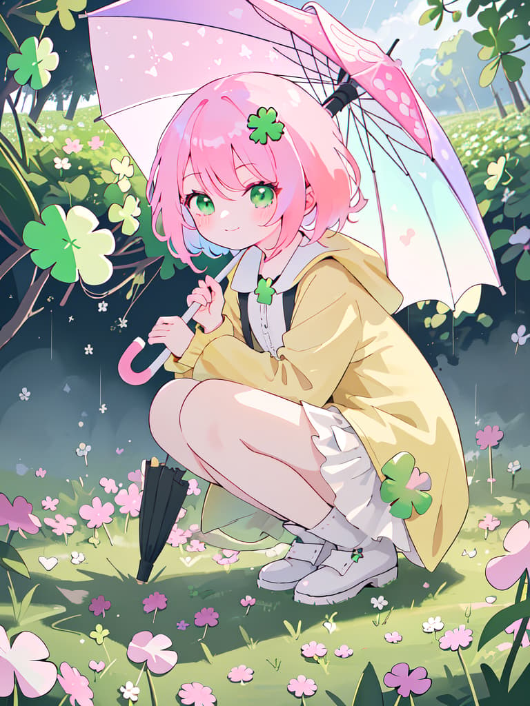  ultra detailed:1.2,masterpiece:1.2,best quality,masterpiece,bestquality,hdr:1.1,8k:1.1,very cute girl:1.3,(clover field:1.3),search a green clover:1.3,holding clover:1.4,holding umbrella:1.3,heavy rain:1.3,rainbow:1.2,(checkerd pattern,big umbrella :1.1),(pink hair:1.3),happy smile:1.3,(squatting,kneeling:1.4)from below:1.2,from side,looking down,closed mouth:1.1,face focus:1.5,yellow raincoat:1.1, masterpiece, best quality,8k,ultra detailed,high resolution,an extremely delicate and beautiful,hyper detail