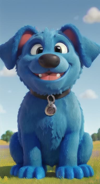  {A happy, big blue dog wagging its tail in a colorful meadow, The big blue dog is large with sky blue fur, big round eyes, a black nose, and floppy ears.