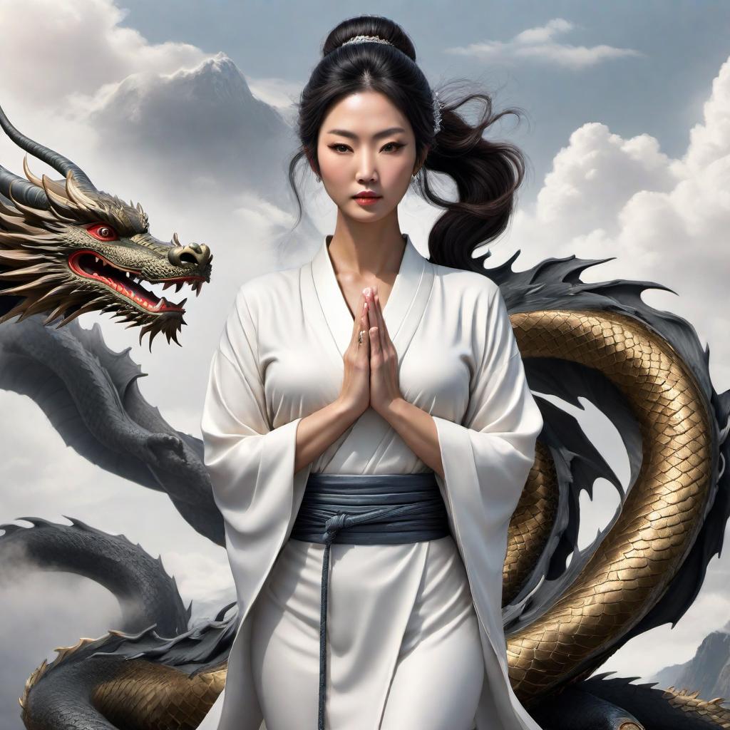  Create an image of a young Japanese woman with her hands in a prayer position just below her chin. She has a dragon wrapped around her waist, and the dragon is looking down on her as if it's protecting her. The image should convey a sense of peace and protection, highlighting the bond between the woman and the dragon. hyperrealistic, full body, detailed clothing, highly detailed, cinematic lighting, stunningly beautiful, intricate, sharp focus, f/1. 8, 85mm, (centered image composition), (professionally color graded), ((bright soft diffused light)), volumetric fog, trending on instagram, trending on tumblr, HDR 4K, 8K