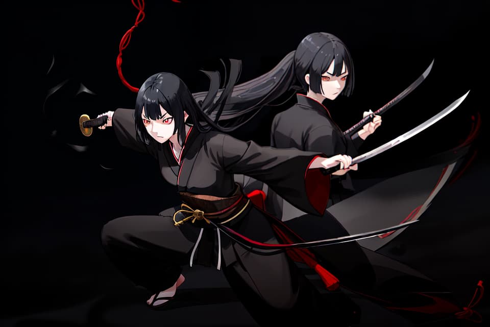  One , black kimono, black hair, black eyes, putting hair in the back, Japanese sword, long sword, hips, hold a sword, night, moon, serious expression, shadowy face, glowing eyes , Small s, slender, approaching, running, cutting, perspective, sprinting, stepping on, dust, winding wind, slashing