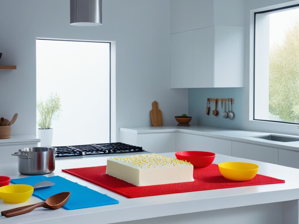  A minimalistic image of a sleek, modern kitchen with a pristine white marble countertop. On the countertop, there is a stack of colorful, highquality silicone baking mats neatly arranged next to a set of stainless steel baking tools. The soft, natural light filtering through the window highlights the smooth texture and vibrant colors of the silicone mats, creating a visually appealing and aspirational scene for baking enthusiasts. hyperrealistic, full body, detailed clothing, highly detailed, cinematic lighting, stunningly beautiful, intricate, sharp focus, f/1. 8, 85mm, (centered image composition), (professionally color graded), ((bright soft diffused light)), volumetric fog, trending on instagram, trending on tumblr, HDR 4K, 8K