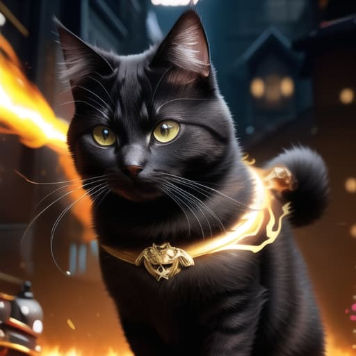  an anthropomorphic cat wearing black linen is depicted in an action pose, swirling fire with an arrow symbol in cat hand, floating above a street in a dark city alleyway, swirling magic effects and swirling energy waves surround cat, with a golden glow on cat face and body, looking at the camera, hyper detailed, movie still, ultrawide, ultra detailed, hyper focus, unreal engine, masterpiece, high rez, high quality, futuristic, exo skeleton, power armor, apex cat dominant universe, fight scars, cat had ear bitten by dog, war between cats and dogs, razor shard claws extended, , (masterpiece, best quality:1.5), HDR 4K, 8K