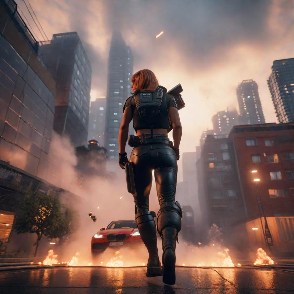  skyscrapers roof, sideview of aggressive female anime Fighter driving in v8 rushing from roof, rushing from skyscrapers roof, fierce, explosions, terminators, DARK sky hyperrealistic, full body, detailed clothing, highly detailed, cinematic lighting, stunningly beautiful, intricate, sharp focus, f/1. 8, 85mm, (centered image composition), (professionally color graded), ((bright soft diffused light)), volumetric fog, trending on instagram, trending on tumblr, HDR 4K, 8K