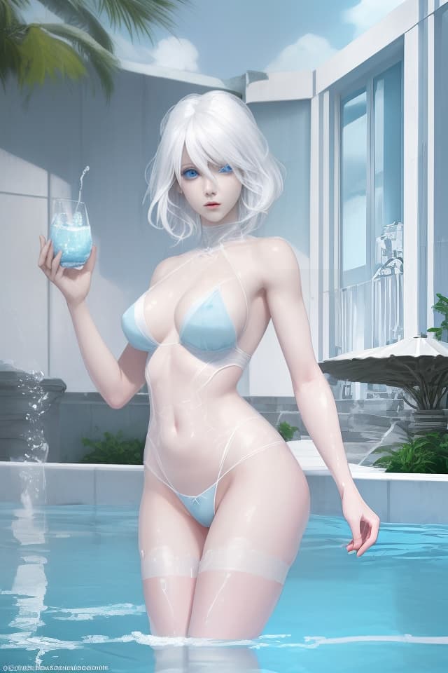  Women, white hair, light blue eyes, transparent, I cup, s, see the lower body, with water, , pool