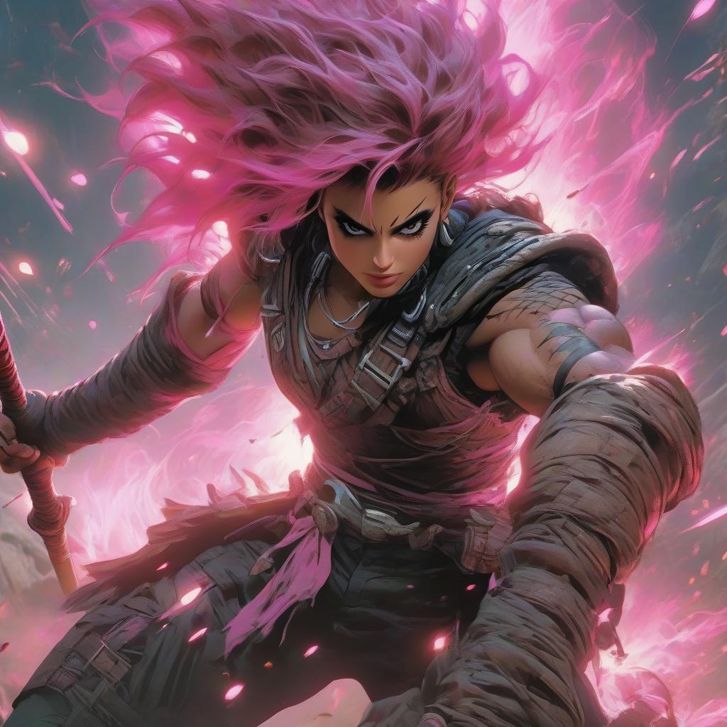  Ranger with pink, torn hair. Wearing black bodysuit. Right arm has a sleeve, left arm doesn't. Watch on right arm. Wearing shorts and boots. Holds a spear. No pinky finger on right hand. Dark colored eyes. hyperrealistic, full body, detailed clothing, highly detailed, cinematic lighting, stunningly beautiful, intricate, sharp focus, f/1. 8, 85mm, (centered image composition), (professionally color graded), ((bright soft diffused light)), volumetric fog, trending on instagram, trending on tumblr, HDR 4K, 8K