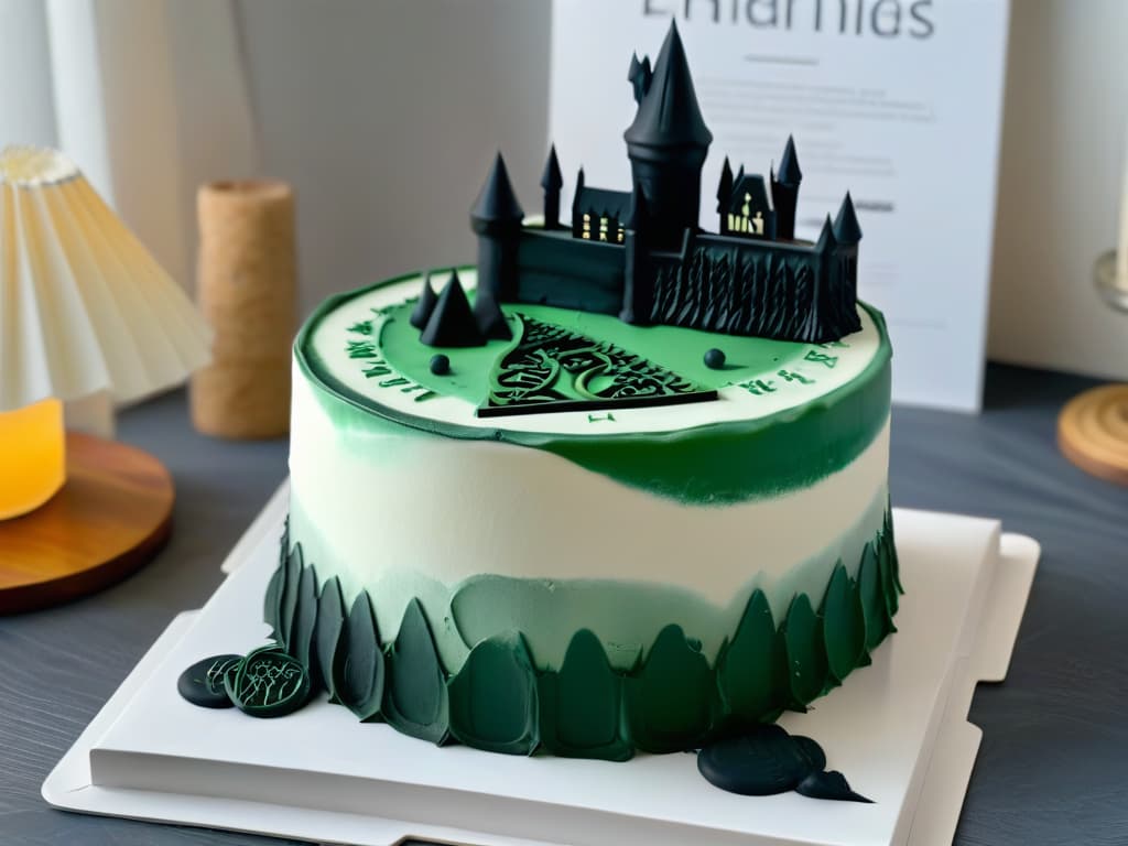  An ultradetailed 8k image of a sleek, minimalistic cake mold featuring intricate engravings of iconic Harry Potter symbols such as the lightning bolt scar, the Deathly Hallows symbol, and Hogwarts castle silhouettes. The mold is crafted from highquality, matte black silicone, with a modern and elegant design that exudes a touch of magic and sophistication. The lighting is soft, highlighting the fine details of the symbols and the smooth texture of the mold, creating a visually striking and enchanting image that perfectly captures the essence of Harry Potterinspired baking. hyperrealistic, full body, detailed clothing, highly detailed, cinematic lighting, stunningly beautiful, intricate, sharp focus, f/1. 8, 85mm, (centered image composition), (professionally color graded), ((bright soft diffused light)), volumetric fog, trending on instagram, trending on tumblr, HDR 4K, 8K