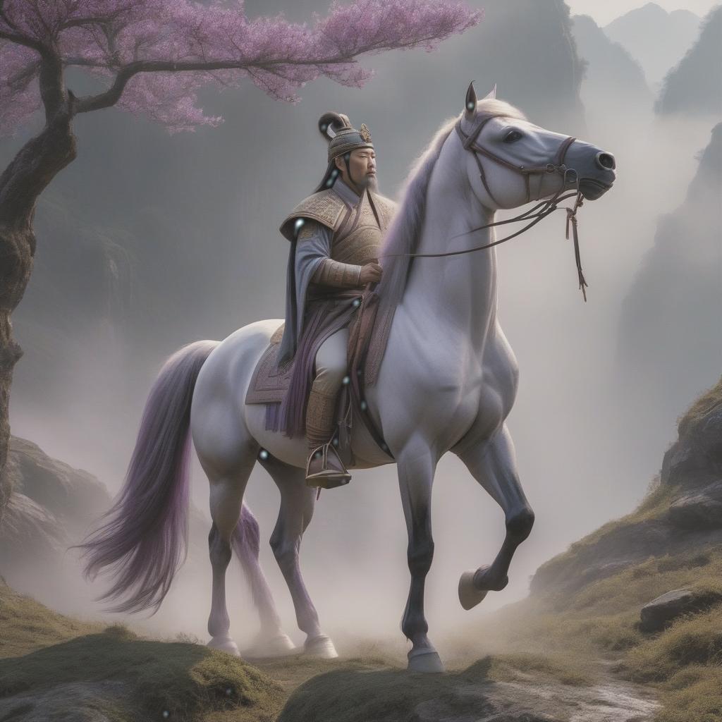  During the Han Dynasty in China, the elders of the six tribes gathered by the riverbank and began thinking about how to find a suitable person to take on the role of a leader. They climbed a hill and saw a cluster of mists forming under Mount Yan Mountain, with a horse kneeling and bowing to something. They approached and found a large purple egg in front of the horse. hyperrealistic, full body, detailed clothing, highly detailed, cinematic lighting, stunningly beautiful, intricate, sharp focus, f/1. 8, 85mm, (centered image composition), (professionally color graded), ((bright soft diffused light)), volumetric fog, trending on instagram, trending on tumblr, HDR 4K, 8K