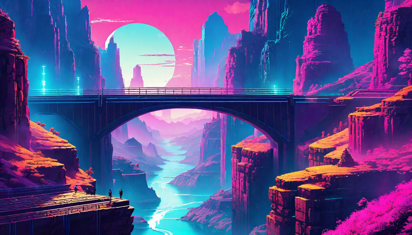  vaporwave,cyberpunk game style A bridge spanning a vast canyon, linking two separate lands, living aligned with a greater purpose, connecting worldseon, dystopian, futuristic, digital, vibrant, detailed, high contrast, reminiscent of cyberpunk genre video games,retro aesthetic, cyberpunk, vibrant, neon colors, vintage 80s and 90s style, highly detailed