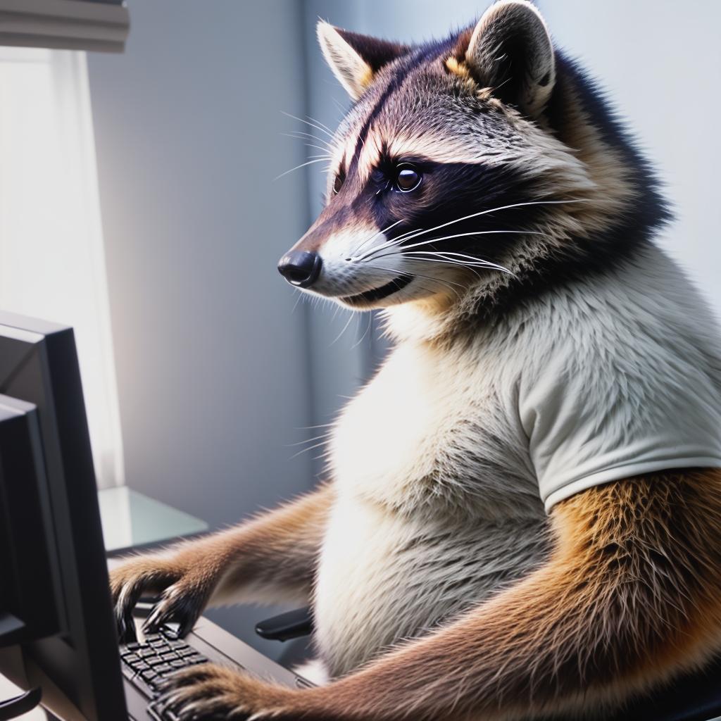  raccoon sitting in gaming chair front a computer on desktop, ((semi anthropomorphic)),(full body), tail, belly, sitting, fat, (chubby), (((white background))), solo, desktop, gaming chair, side view,  [[[clothes]]] hyperrealistic, full body, detailed clothing, highly detailed, cinematic lighting, stunningly beautiful, intricate, sharp focus, f/1. 8, 85mm, (centered image composition), (professionally color graded), ((bright soft diffused light)), volumetric fog, trending on instagram, trending on tumblr, HDR 4K, 8K