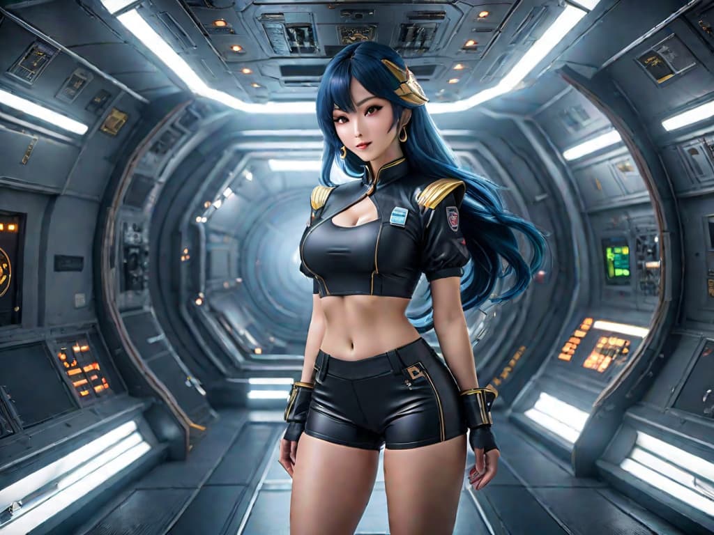  image: masterpiece, high quality, 1: beautiful asian, slim waist, 2 huge fake s, round , fit, tanned, long dark neon hair, costume: short shorts, space hostess uniform, location: luxurious holographic emporium in a space station, view: side view, pose: show me the way to the pirate ship, slav  hyperrealistic, full body, detailed clothing, highly detailed, cinematic lighting, stunningly beautiful, intricate, sharp focus, f/1. 8, 85mm, (centered image composition), (professionally color graded), ((bright soft diffused light)), volumetric fog, trending on instagram, trending on tumblr, HDR 4K, 8K