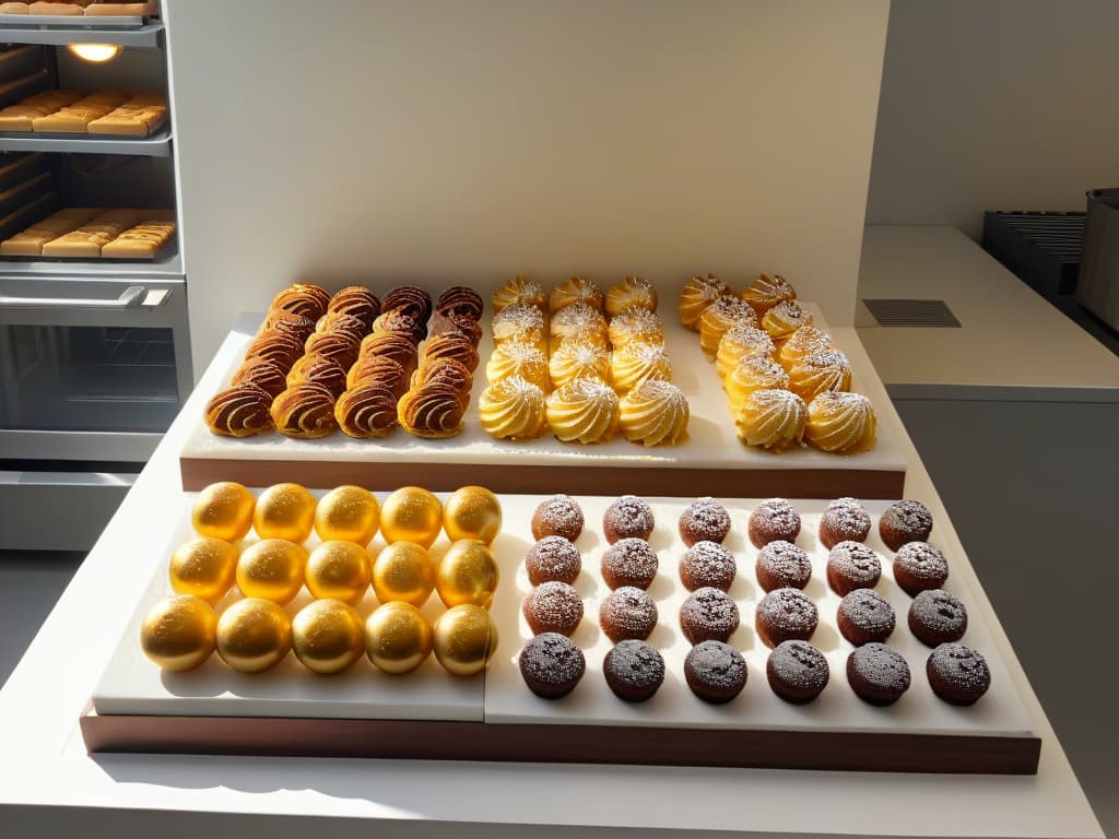  An ultradetailed image of a serene, immaculate kitchen workstation showcasing an array of specialized pastry tools neatly arranged on a sleek marble countertop. A golden beam of sunlight gently illuminates the scene, casting soft shadows that highlight the meticulous craftsmanship of the equipment. The minimalist aesthetic emphasizes the precision and artistry required in the world of advanced pastry making, inspiring a sense of focus and dedication in aspiring master pastry chefs. hyperrealistic, full body, detailed clothing, highly detailed, cinematic lighting, stunningly beautiful, intricate, sharp focus, f/1. 8, 85mm, (centered image composition), (professionally color graded), ((bright soft diffused light)), volumetric fog, trending on instagram, trending on tumblr, HDR 4K, 8K