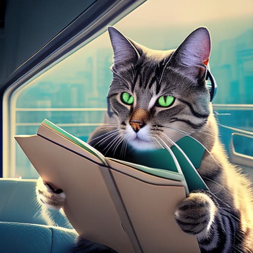 nvinkpunk Realistic image of a cat wearing headphones and reading glasses while riding a bus. hyperrealistic, full body, detailed clothing, highly detailed, cinematic lighting, stunningly beautiful, intricate, sharp focus, f/1. 8, 85mm, (centered image composition), (professionally color graded), ((bright soft diffused light)), volumetric fog, trending on instagram, trending on tumblr, HDR 4K, 8K