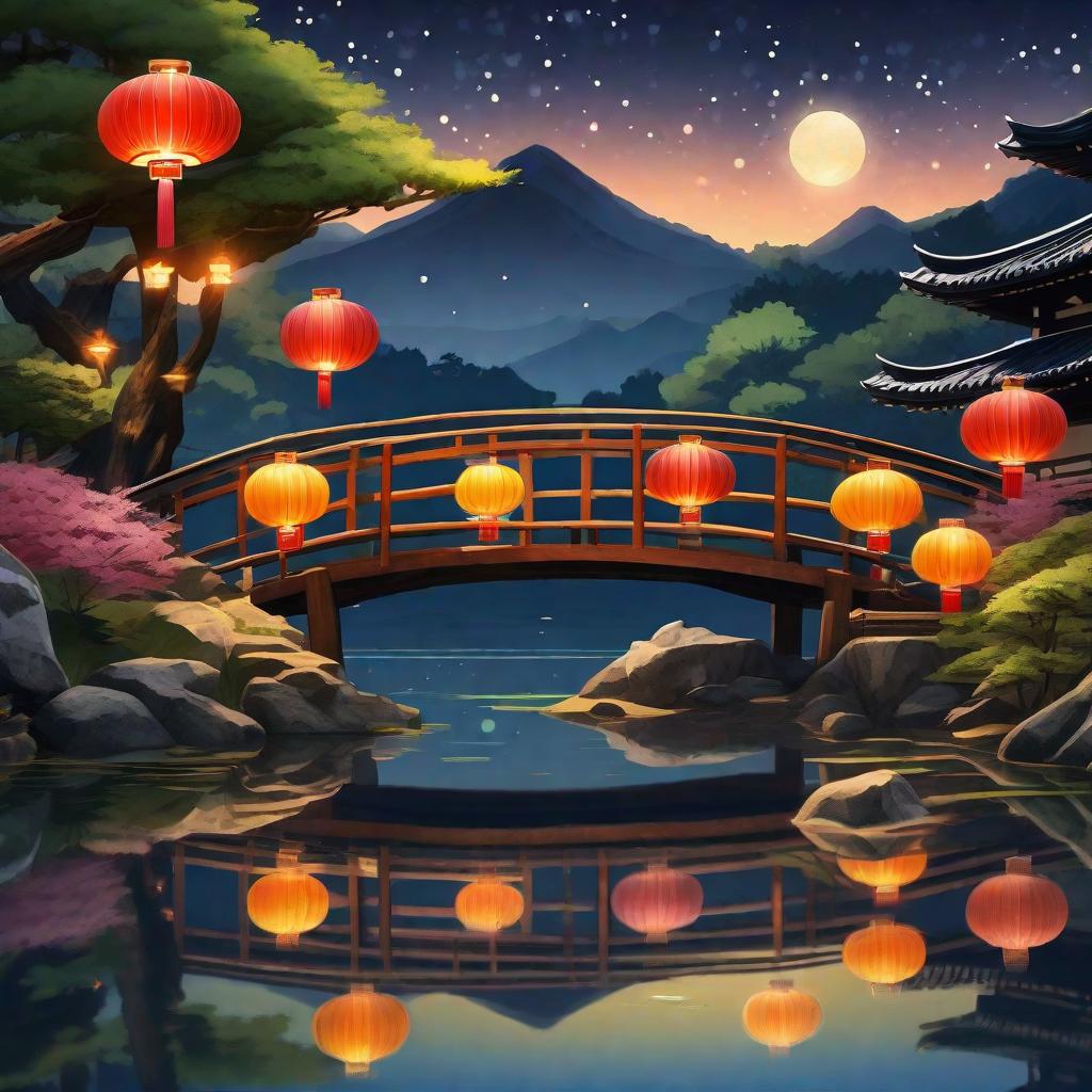  masterpiece, best quality, (Fidelity: 1.4), Best Quality, Masterpiece, Ultra High Resolution, 8k resolution, A night view inspired by Japanese art, featuring a garden illuminated by paper lanterns and a wooden bridge spanning a tranquil lake, by the lakeside, there is a small Zen temple. The water reflects the starry sky.