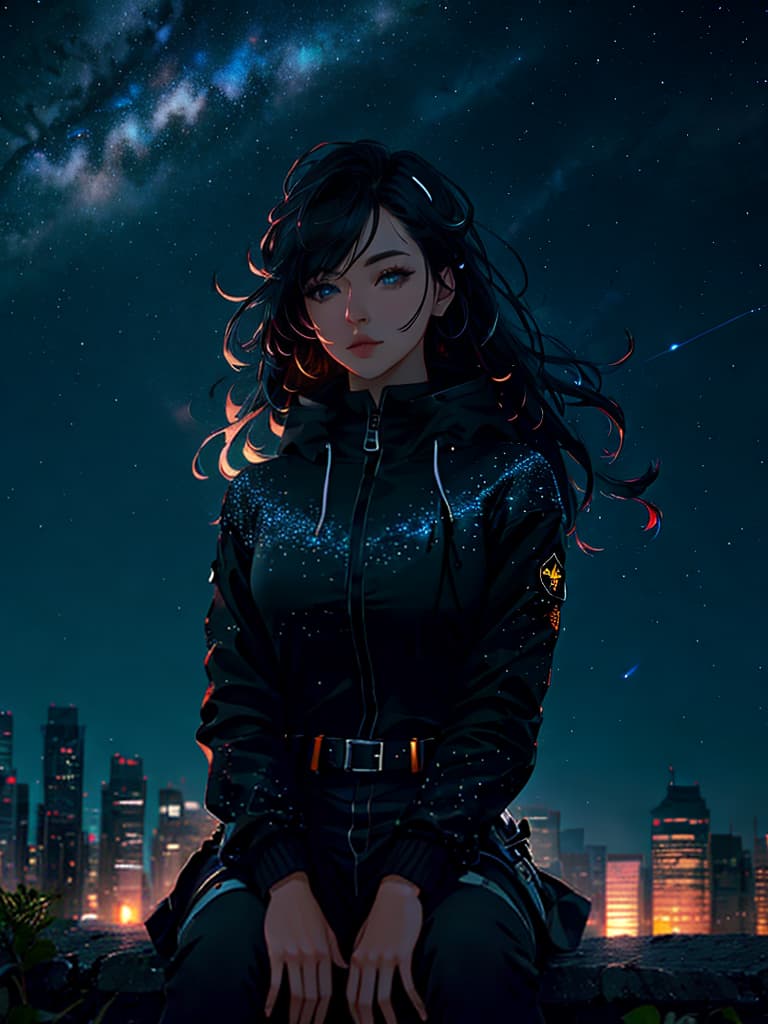  octans, sky, star (sky), scenery, starry sky, night, 1girl, night sky, solo, outdoors, signature, building, cloud, milky way, sitting, tree, long hair, city, silhouette, cityscape，masterpiece, best quality, ,halftone,cloud, light particles, space, sky,water,girl,night  hyperrealistic, full body, detailed clothing, highly detailed, cinematic lighting, stunningly beautiful, intricate, sharp focus, f/1. 8, 85mm, (centered image composition), (professionally color graded), ((bright soft diffused light)), volumetric fog, trending on instagram, trending on tumblr, HDR 4K, 8K