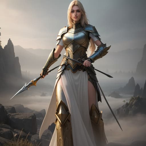  Female Paladin hyperrealistic, full body, detailed clothing, highly detailed, cinematic lighting, stunningly beautiful, intricate, sharp focus, f/1. 8, 85mm, (centered image composition), (professionally color graded), ((bright soft diffused light)), volumetric fog, trending on instagram, trending on tumblr, HDR 4K, 8K