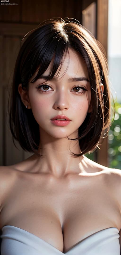  Best quality, masterpiece, ultra high res, (photorealistic:1.4), raw photo, (detail face:1.3), (realistic skin), deep shadow, dramatic lighting, short hair, high nose, almond-shaped eyes, slightly busty, wide hips, black hair, pheromones, straightforward, Iwanami Shiori, Natsuna, deep shadow, dramatic lighting, portrait, portrait size, unedited, symmetrical balance