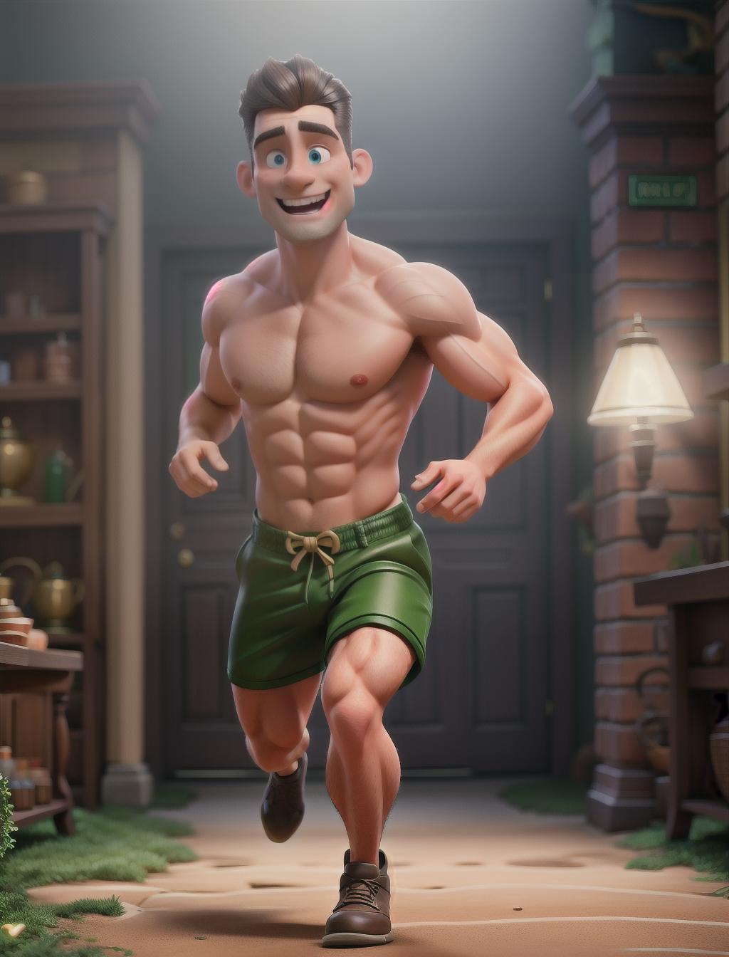  shirtless man running with leprechauns hyperrealistic, full body, detailed clothing, highly detailed, cinematic lighting, stunningly beautiful, intricate, sharp focus, f/1. 8, 85mm, (centered image composition), (professionally color graded), ((bright soft diffused light)), volumetric fog, trending on instagram, trending on tumblr, HDR 4K, 8K