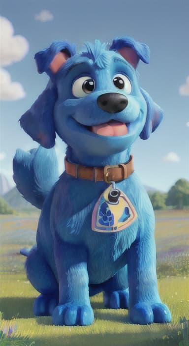  {A happy, big blue dog wagging its tail in a colorful meadow, The big blue dog is large with sky blue fur, big round eyes, a black nose, and floppy ears.