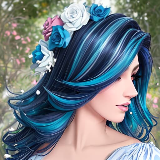  garota de cabelos mechas azul preto e branco longos com vestido branco na floresta com rosas brancas e vermelhas