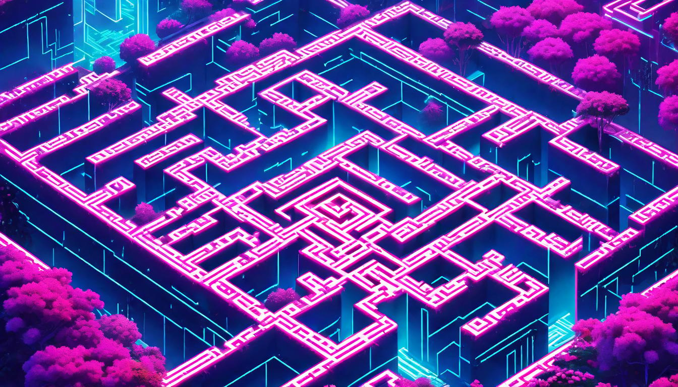  vaporwave,cyberpunk game style Intricate maze seen from above, each path bordered by flourishing hedges, representing the personal sacred lines of boundaries.eon, dystopian, futuristic, digital, vibrant, detailed, high contrast, reminiscent of cyberpunk genre video games,retro aesthetic, cyberpunk, vibrant, neon colors, vintage 80s and 90s style, highly detailed