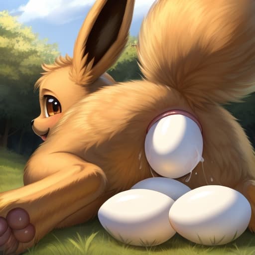  Eevee, feral, egg in ass, anal oviposition, view from behind,, open eyes, digital art, masterpiece, 4k, fine details,