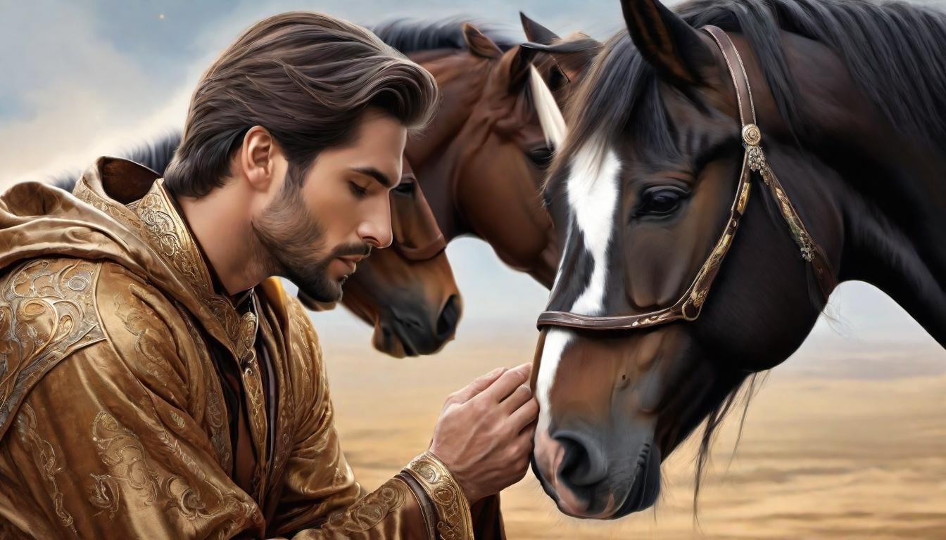  digital painting of Close up of the Prophet's (male) hand gently stroking the mane of his beloved horse, intricate detailing of both hand and mane, intimate moment of connection, whisper of bonds, soft encouragement, moment captured, silent communion looking at viewer, dynamic pose, (intricate details, masterpiece, best quality)