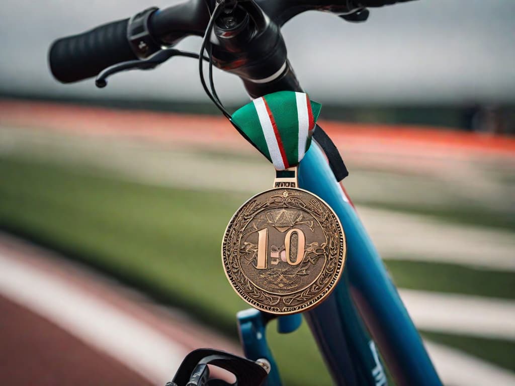  A close-up photo of a shiny gold medal with a colorful ribbon, placed on a sleek bicycle saddle against a blurred background of a cycling track, capturing the essence of victory and achievement at the Pan-American Cycling Championship in São José dos Campos-SP. digital art, ilustration hyperrealistic, full body, detailed clothing, highly detailed, cinematic lighting, stunningly beautiful, intricate, sharp focus, f/1. 8, 85mm, (centered image composition), (professionally color graded), ((bright soft diffused light)), volumetric fog, trending on instagram, trending on tumblr, HDR 4K, 8K