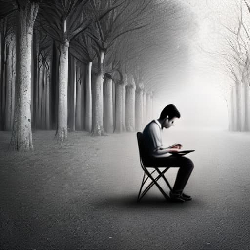 dublex style hd, b&w, drawing, sitting and thinking man on a chair, a cozy room around, wearing glasses, nature inside the man