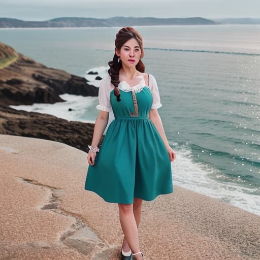  a girl with braid, wearing cute dress, standing by the sea. hyperrealistic, full body, detailed clothing, highly detailed, cinematic lighting, stunningly beautiful, intricate, sharp focus, f/1. 8, 85mm, (centered image composition), (professionally color graded), ((bright soft diffused light)), volumetric fog, trending on instagram, trending on tumblr, HDR 4K, 8K