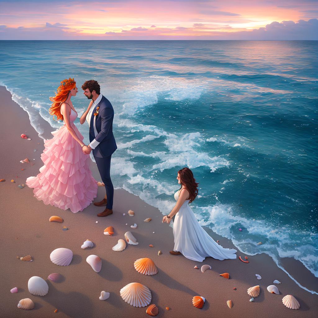  A masterpiece of a romantic seascape, with the best quality and ultra-detailed features. This stunning artwork captures the essence of the picturesque ocean view. The scene is rendered in 8k resolution, providing high detailed and lifelike visuals. The main subject of the scene is a couple, ((holding hands)), standing on a sandy beach. The sparkling blue waves crash gently against the shoreline, creating a soothing atmosphere. The couple is surrounded by a colorful array of seashells ((scattered on the sand)), adding a touch of whimsy to the scene. In the distance, a vibrant sunset ((paints the sky with hues of orange and pink)), casting a warm glow on the entire landscape. The texture of the clouds overhead is so realistic that you can alm hyperrealistic, full body, detailed clothing, highly detailed, cinematic lighting, stunningly beautiful, intricate, sharp focus, f/1. 8, 85mm, (centered image composition), (professionally color graded), ((bright soft diffused light)), volumetric fog, trending on instagram, trending on tumblr, HDR 4K, 8K