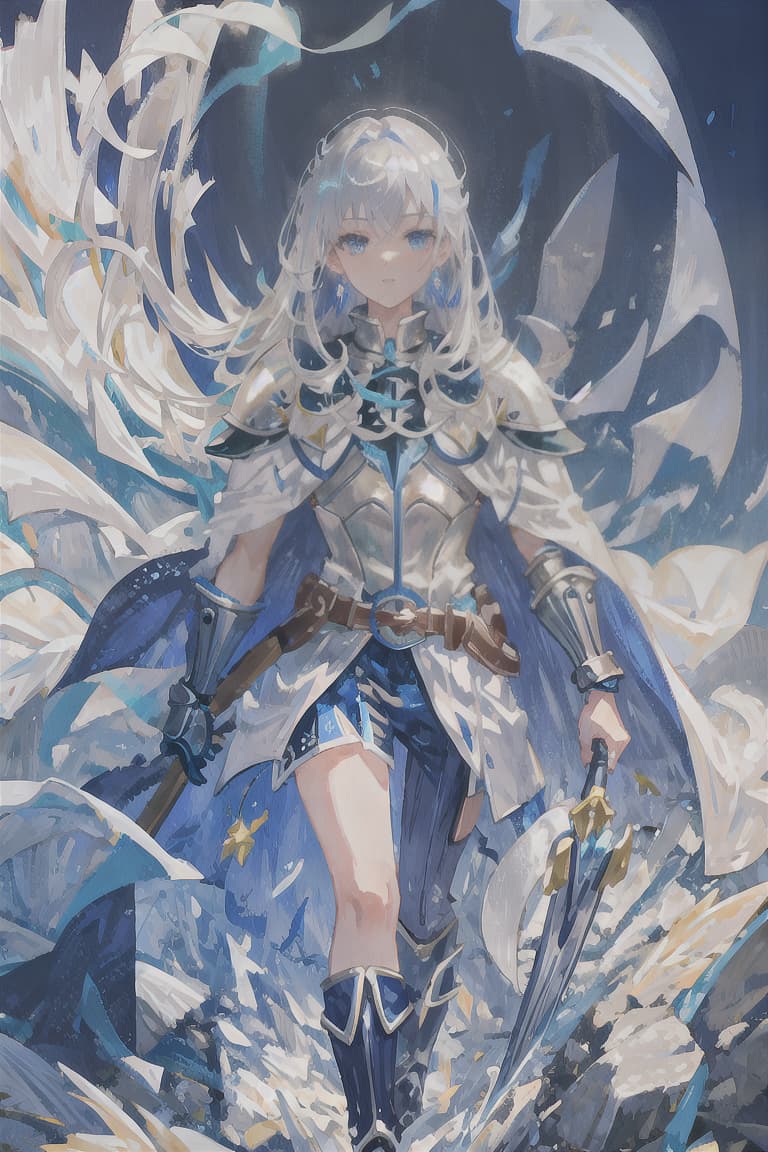  master piece , best quality,Silver hair, long hair, male, knight, blue lightning, white armor, bright light blue cape