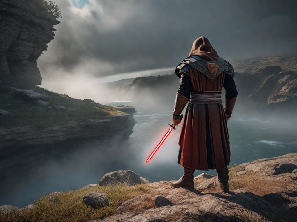  An image of a Jedi warrior standing in a desolate landscape, surrounded by remnants of a battle, showcasing new powers and a determined expression.digital art, ilustration hyperrealistic, full body, detailed clothing, highly detailed, cinematic lighting, stunningly beautiful, intricate, sharp focus, f/1. 8, 85mm, (centered image composition), (professionally color graded), ((bright soft diffused light)), volumetric fog, trending on instagram, trending on tumblr, HDR 4K, 8K