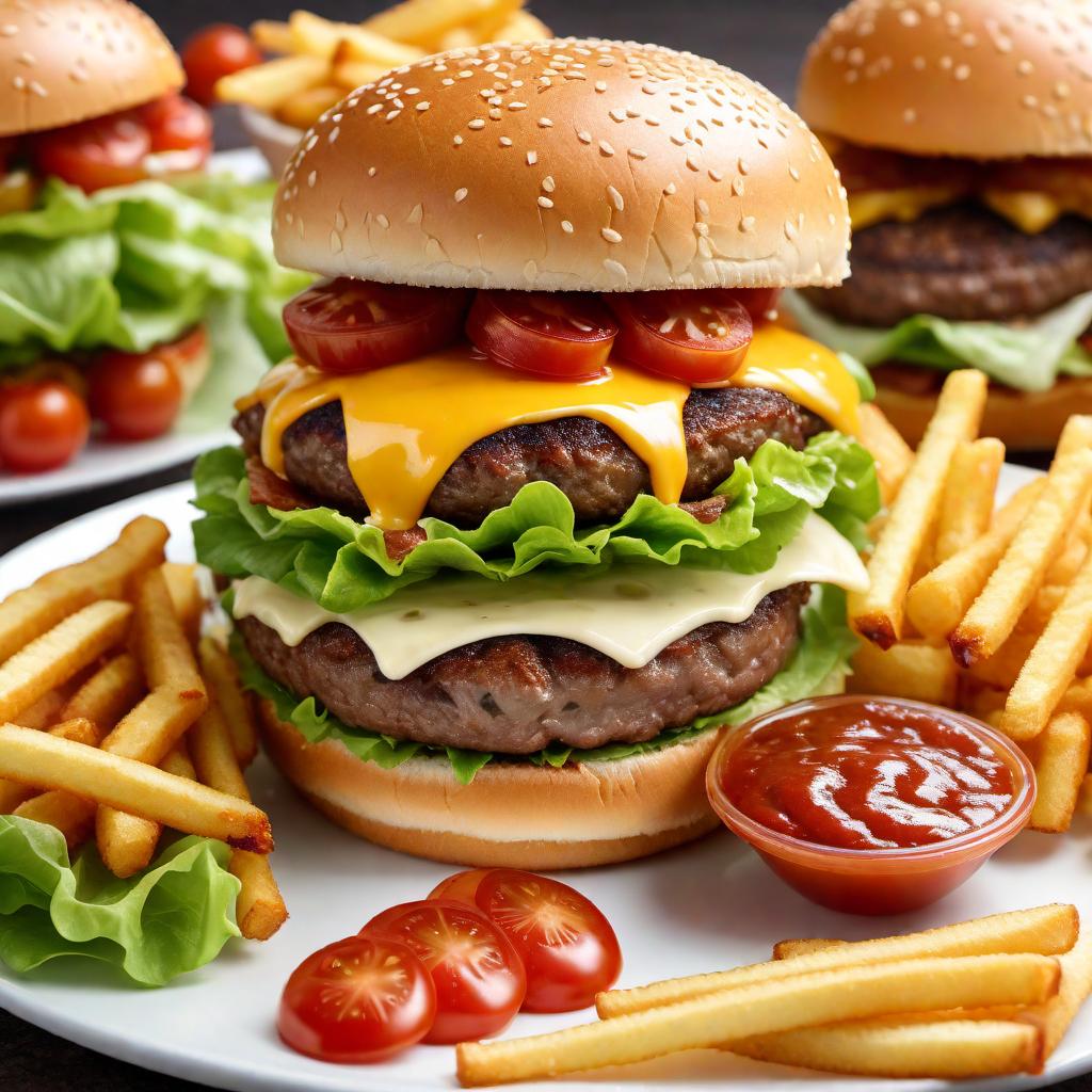  A delicious cheeseburger with a juicy beef patty, melted cheese, fresh lettuce, ripe tomatoes, and crispy bacon, all sandwiched between two toasted sesame seed buns. The burger is placed on a clean white plate with a side of golden crispy fries and a dollop of ketchup. The image should capture the mouth-watering and appetizing look of the cheeseburger. hyperrealistic, full body, detailed clothing, highly detailed, cinematic lighting, stunningly beautiful, intricate, sharp focus, f/1. 8, 85mm, (centered image composition), (professionally color graded), ((bright soft diffused light)), volumetric fog, trending on instagram, trending on tumblr, HDR 4K, 8K