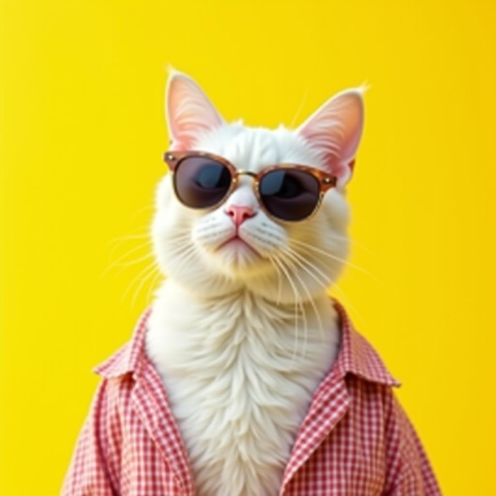  good quality, high quality, white british cat are wear sunglass and shirt in concept summer on the yellow background