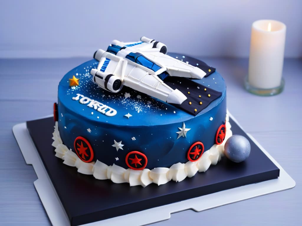  An ultradetailed, minimalist image of a galaxythemed cake adorned with intricate fondant replicas of iconic Star Wars spaceships like the Millennium Falcon and XWing fighters. The cake sits on a sleek, black platter against a backdrop of shimmering stars, creating a visually striking and elegant presentation that embodies the essence of the Jedi universe. hyperrealistic, full body, detailed clothing, highly detailed, cinematic lighting, stunningly beautiful, intricate, sharp focus, f/1. 8, 85mm, (centered image composition), (professionally color graded), ((bright soft diffused light)), volumetric fog, trending on instagram, trending on tumblr, HDR 4K, 8K